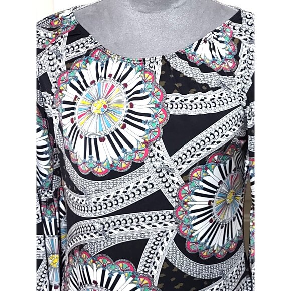Bell Sleeve GoGo Mini Dress Multicolor Black GoGo Slinky Medallion Stretch Small - Picture 6 of 6